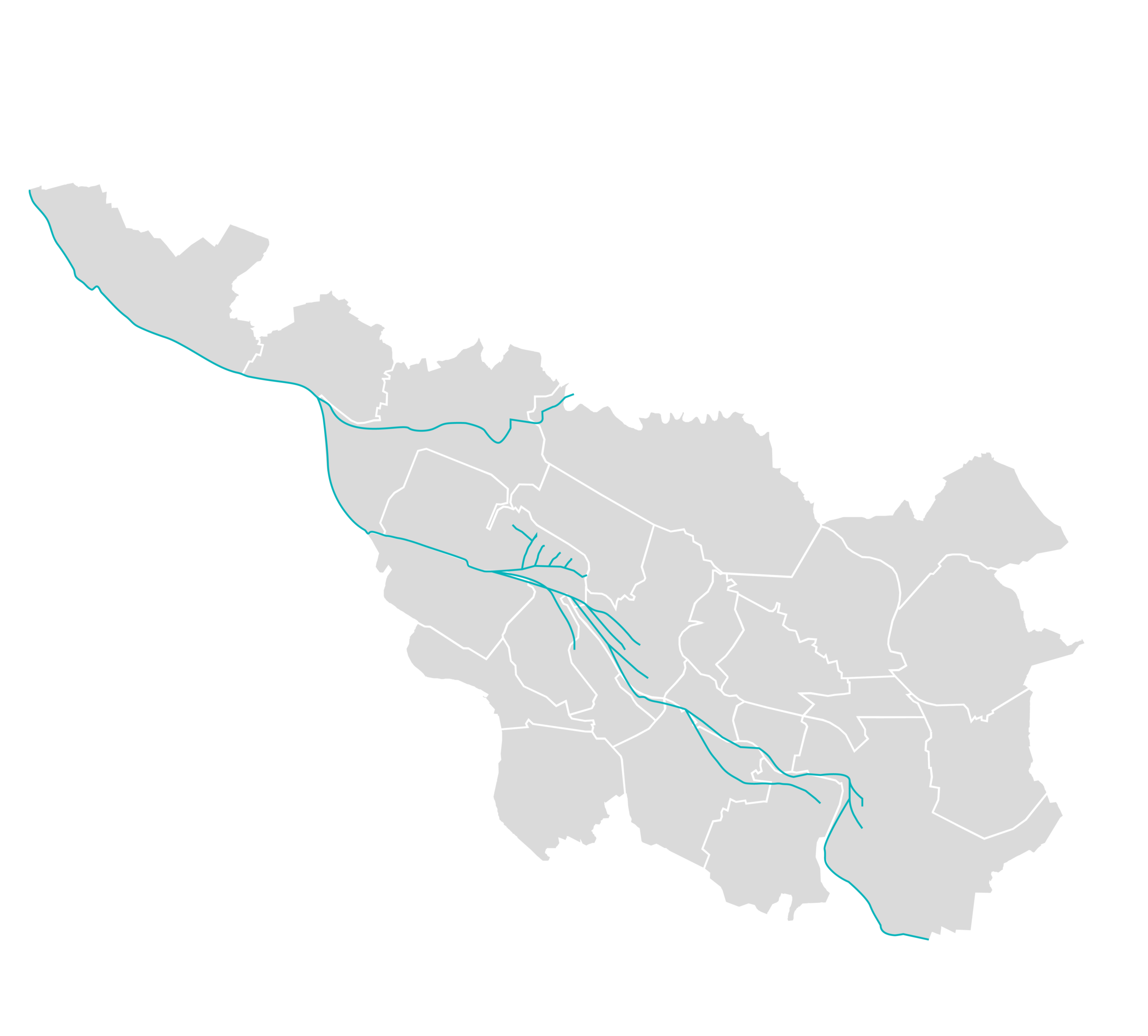 Grafische Karte von Bremen mit Stadtteilen und Wasserläufen, die geografische Übersicht und regionale Leistungen im Design- und Entwicklungsumfeld veranschaulicht.